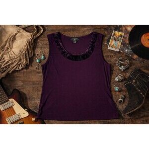 R&M Richards Petite 10P Purple Sleeveless Tank Velvet Floral Scoop Neck Purple